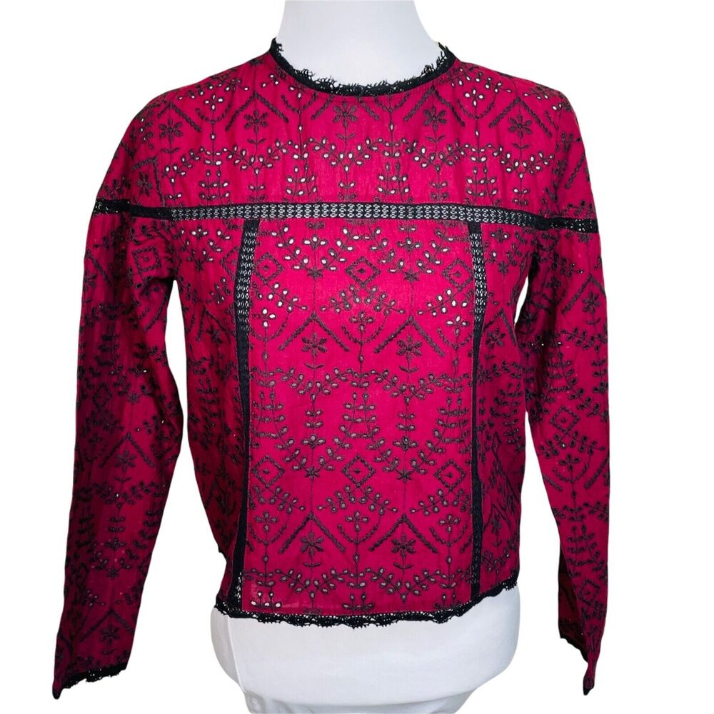 Zara Basic Embroidered Eyelet Top Keyhole Long Sleeve Maroon Black S